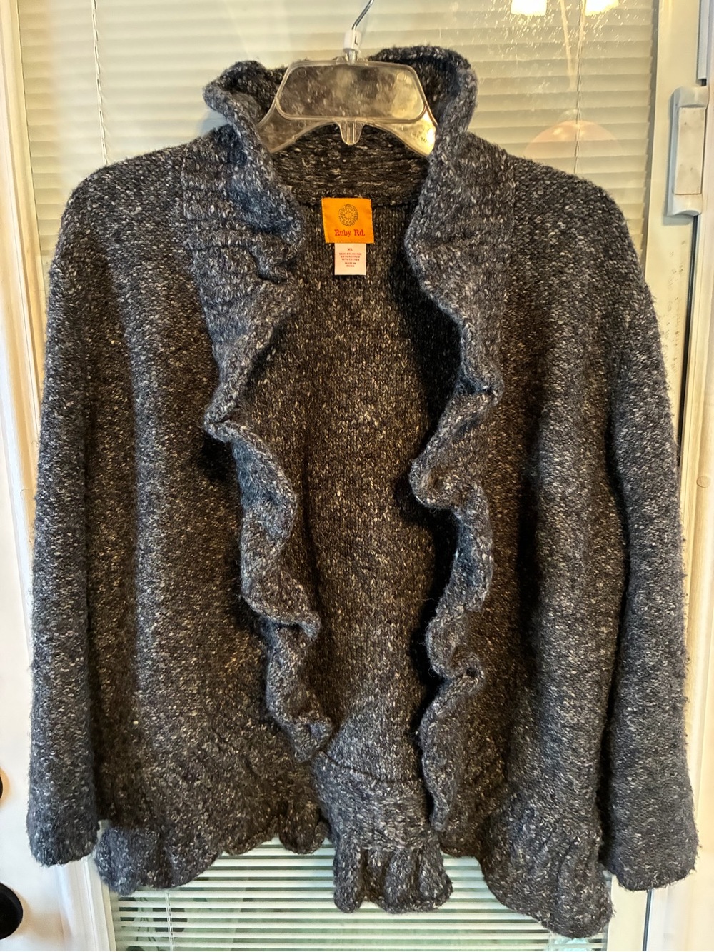 Ruby Rd. Dark Charcoal Ruffle Open-Front Cardigan
